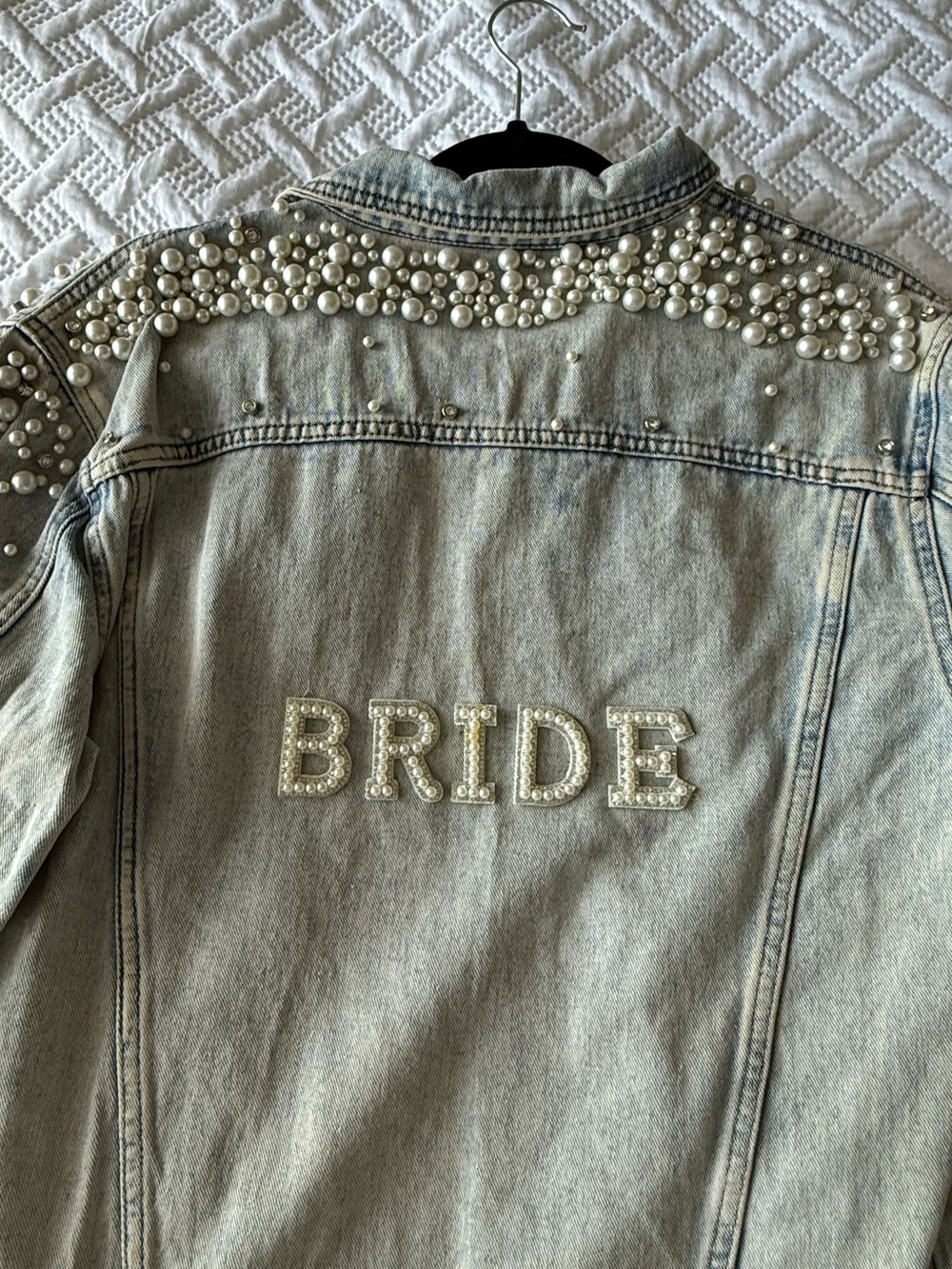 Pearl-Embellished Light Wash 'BRIDE' Denim Jacket